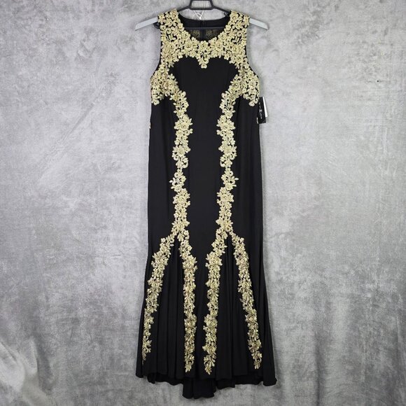 Womens Betsy & Adam Black & Gold Embroidered Evening Gown Polyester Stretch 14W - Picture 2 of 12